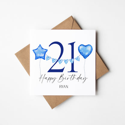 Birthday name & number card blue grey balloons stars happy Birthday personalised with Envelope