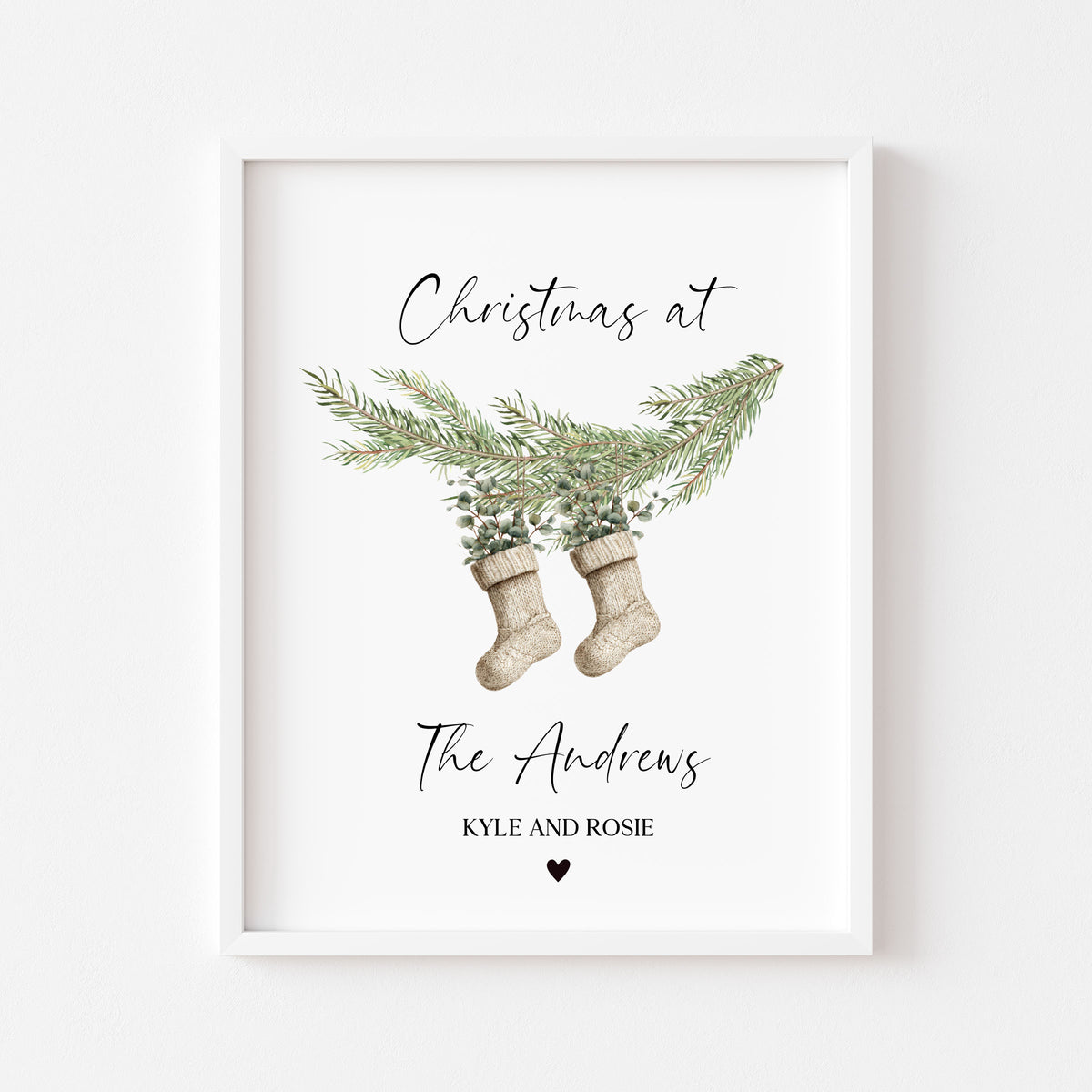 Personalised Christmas Family Name Print Stockings 2-5 Eucalyptus wreath seasonal Wall Art (unframed)