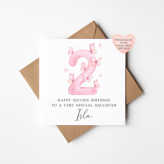Personalised 2nd Birthday Card pink Butterfly girls bday card, number 2, daughter, granddaughter, friend with Envelope