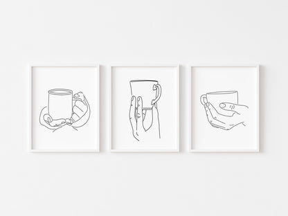 Set of 3 kitchen coffee tea line drawing home bedroom office kitchen unframed wall art poster prints