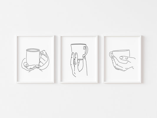 Set of 3 kitchen coffee tea line drawing home bedroom office kitchen unframed wall art poster prints