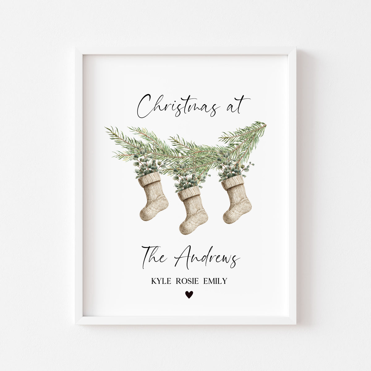 Personalised Christmas Family Name Print Stockings 2-5 Eucalyptus wreath seasonal Wall Art (unframed)