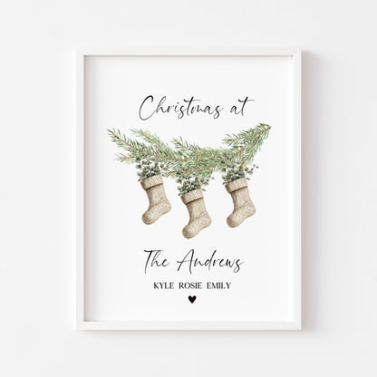 Personalised Christmas Family Name Print Stockings 2-5 Eucalyptus wreath seasonal Wall Art (unframed)