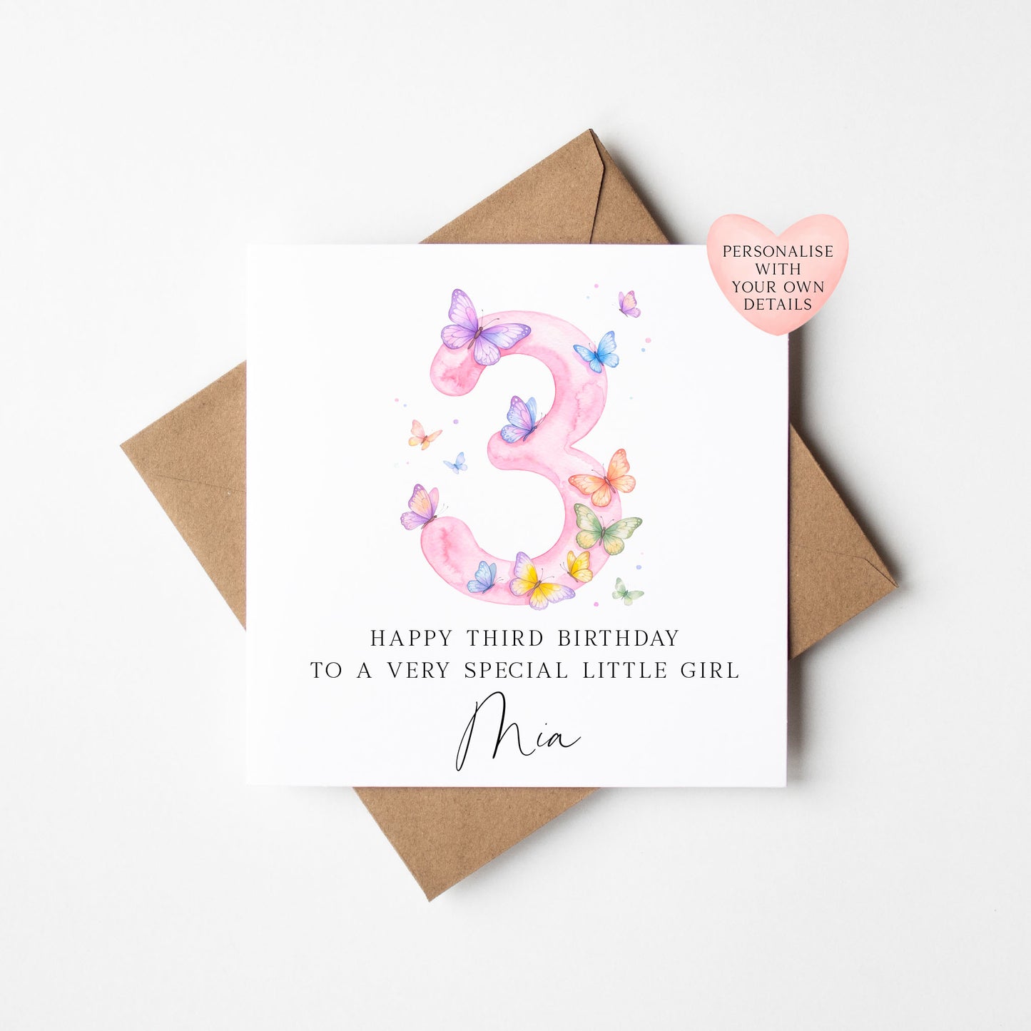 Personalised 3rd Birthday Card pink purple Butterfly girls bday card, number 3, daughter, granddaughter, friend with Envelope