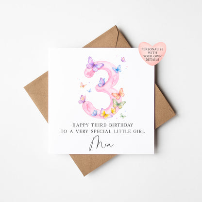Personalised 3rd Birthday Card pink purple Butterfly girls bday card, number 3, daughter, granddaughter, friend with Envelope
