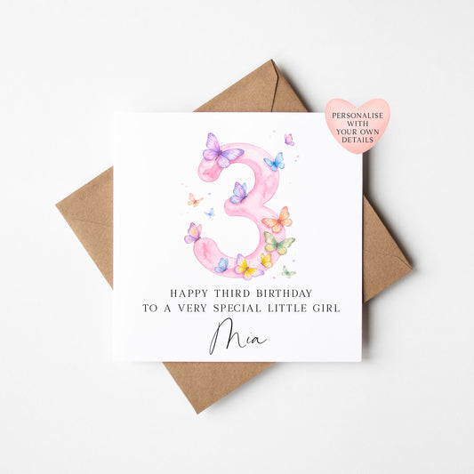 Personalised 3rd Birthday Card pink purple Butterfly girls bday card, number 3, daughter, granddaughter, friend with Envelope