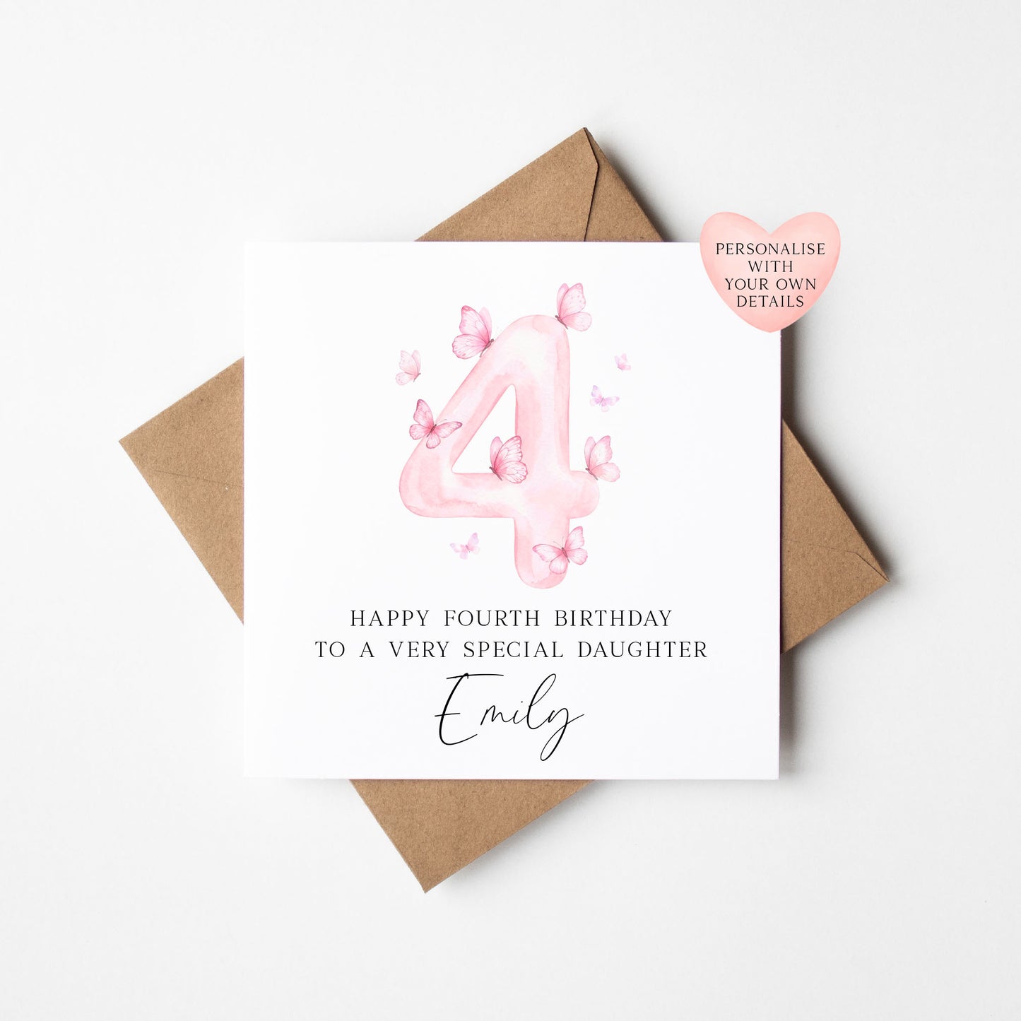 Personalised 4th Butterfly Birthday Card Watercolour  Number 4, Daughter, sister, friend with Kraft Envelope