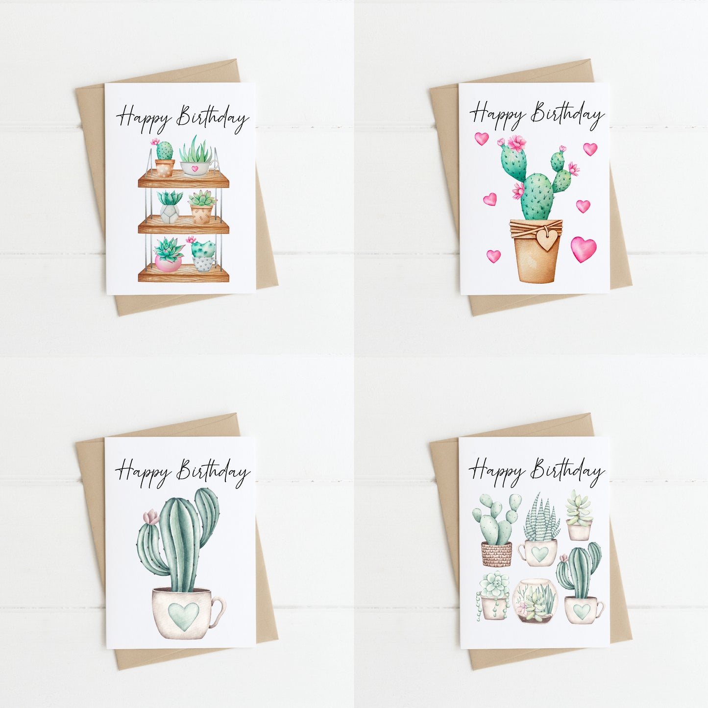 Pack of 4 Birthday cards Plant cactus succulent plant lover plant addict plant birthday pack of 4 cards with envelopes kraft brown/white