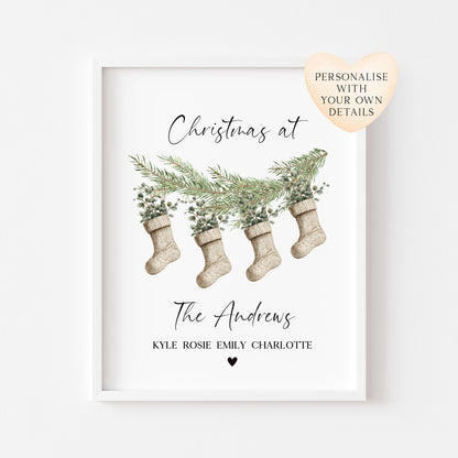 Personalised Christmas Family Name Print Stockings 2-5 Eucalyptus wreath seasonal Wall Art (unframed)