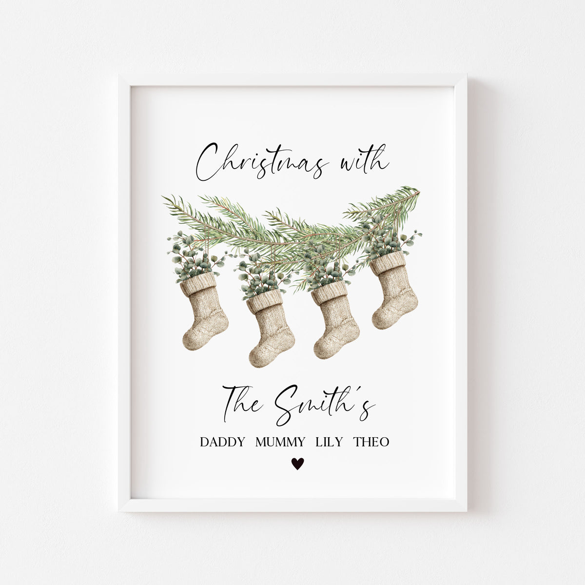 Personalised Christmas Family Name Print Stockings 2-5 Eucalyptus wreath seasonal Wall Art (unframed)