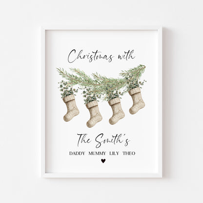Personalised Christmas Family Name Print Stockings 2-5 Eucalyptus wreath seasonal Wall Art (unframed)