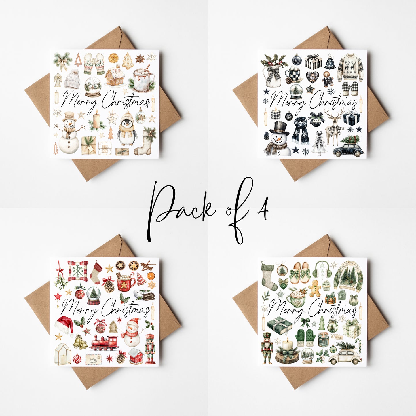 Christmas cards Festive red green beige and monochrome xmas cards - Pack of 4 with envelopes
