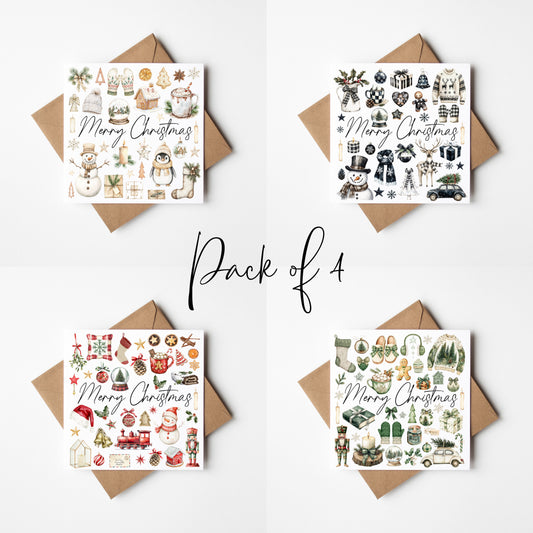 Christmas cards Festive red green beige and monochrome xmas cards - Pack of 4 with envelopes