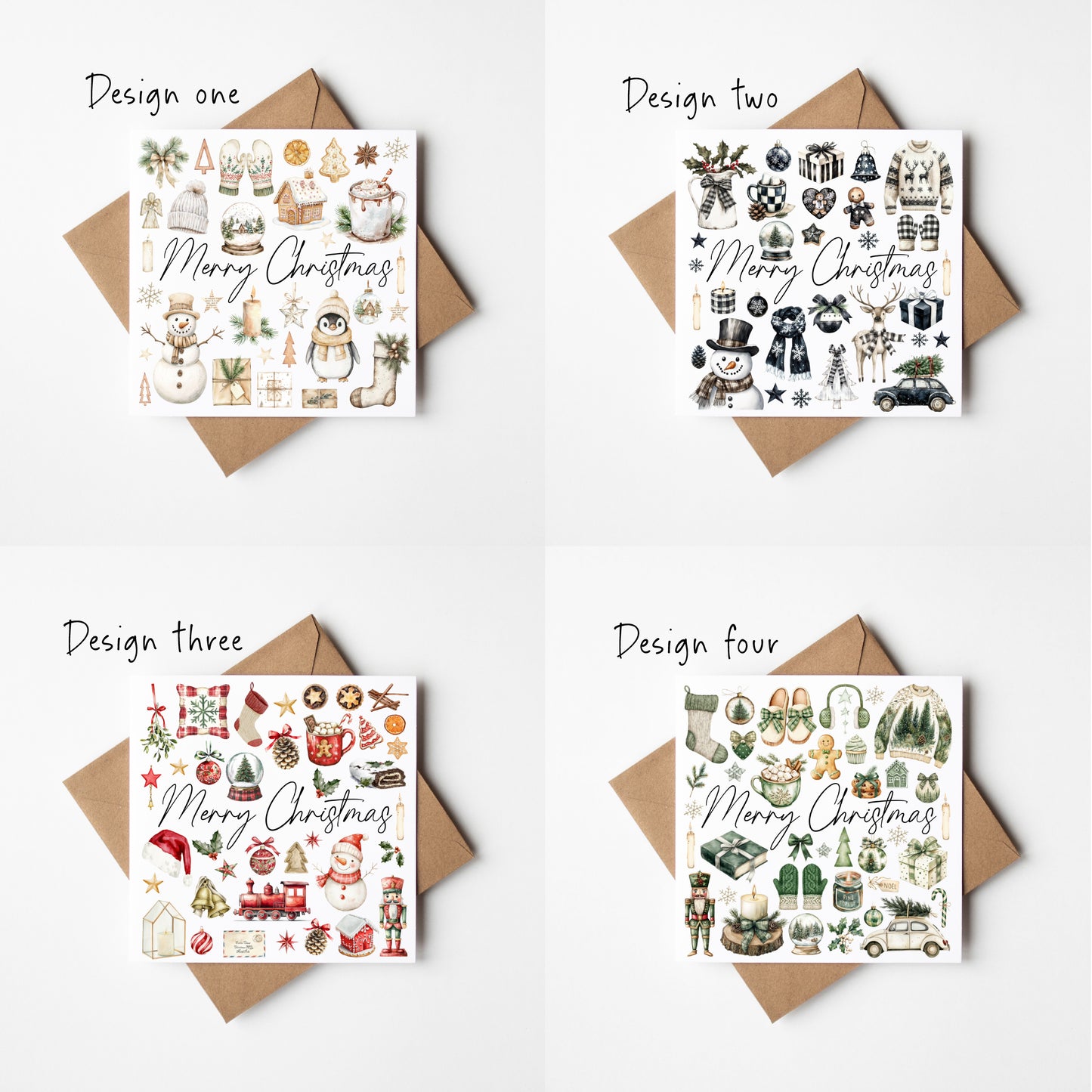 Christmas cards Festive red green beige and monochrome xmas cards - Pack of 4 with envelopes