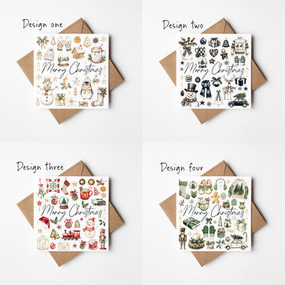 Christmas cards Festive red green beige and monochrome xmas cards - Pack of 4 with envelopes