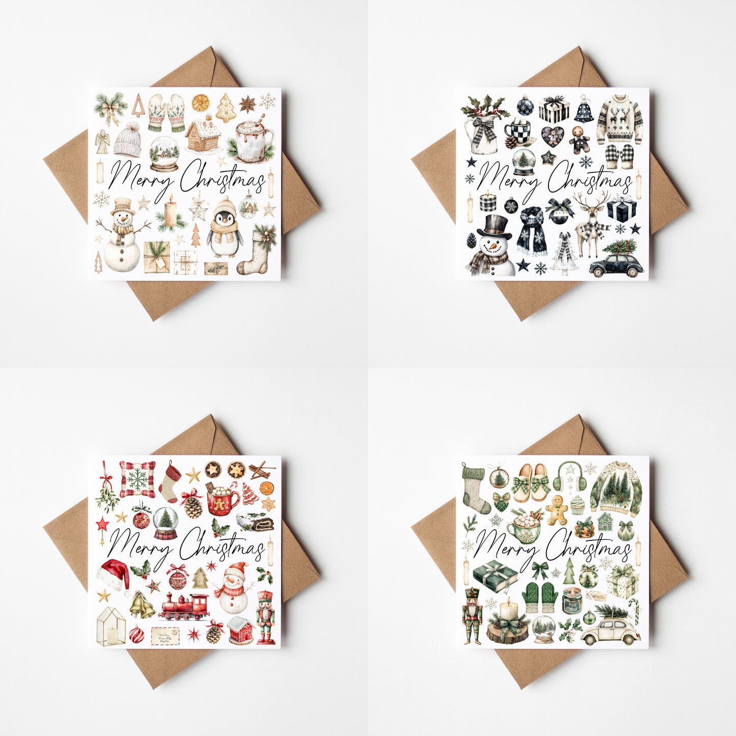 Christmas cards Festive red green beige and monochrome xmas cards - Pack of 4 with envelopes