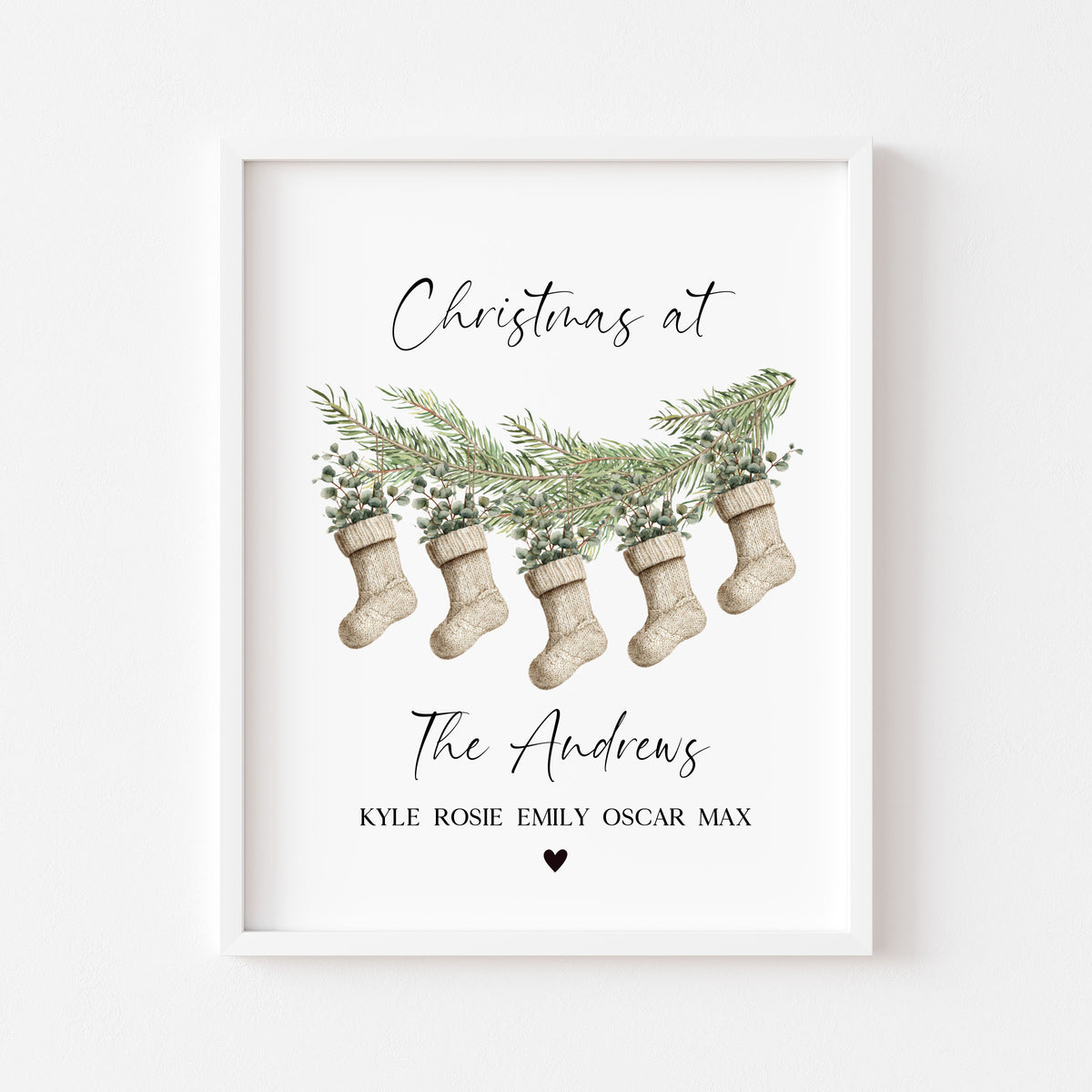 Personalised Christmas Family Name Print Stockings 2-5 Eucalyptus wreath seasonal Wall Art (unframed)