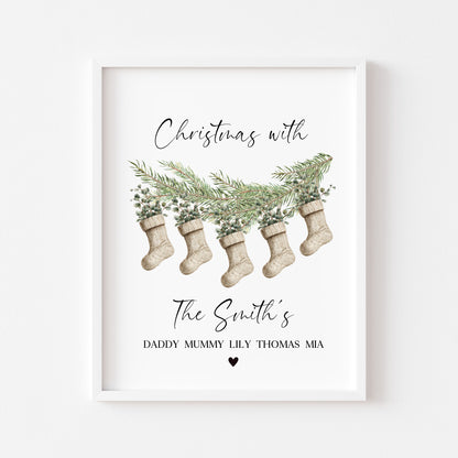 Personalised Christmas Family Name Print Stockings 2-5 Eucalyptus wreath seasonal Wall Art (unframed)