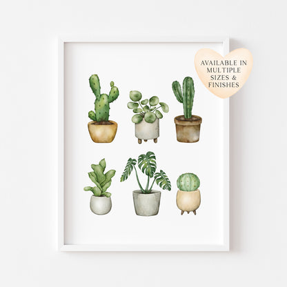 Plant illustrations, set of cactus succulents watercolour drawing unframed wall art poster print