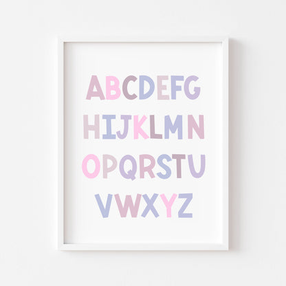 ABC print, purple pink toned kids ABC girls bedroom nursery unframed wall art poster print, nursery decor, bedroom prints, bedroom decor art