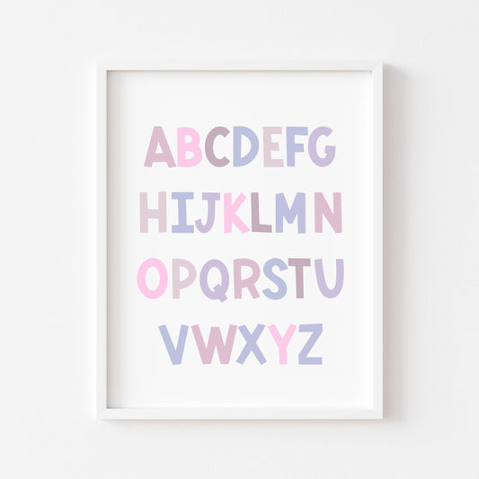 ABC print, purple pink toned kids ABC girls bedroom nursery unframed wall art poster print, nursery decor, bedroom prints, bedroom decor art
