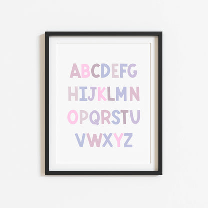 ABC print, purple pink toned kids ABC girls bedroom nursery unframed wall art poster print, nursery decor, bedroom prints, bedroom decor art