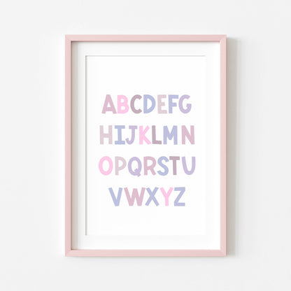 ABC print, purple pink toned kids ABC girls bedroom nursery unframed wall art poster print, nursery decor, bedroom prints, bedroom decor art