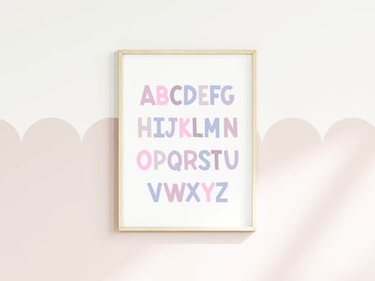 ABC print, purple pink toned kids ABC girls bedroom nursery unframed wall art poster print, nursery decor, bedroom prints, bedroom decor art