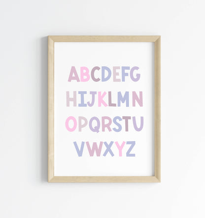 ABC print, purple pink toned kids ABC girls bedroom nursery unframed wall art poster print, nursery decor, bedroom prints, bedroom decor art
