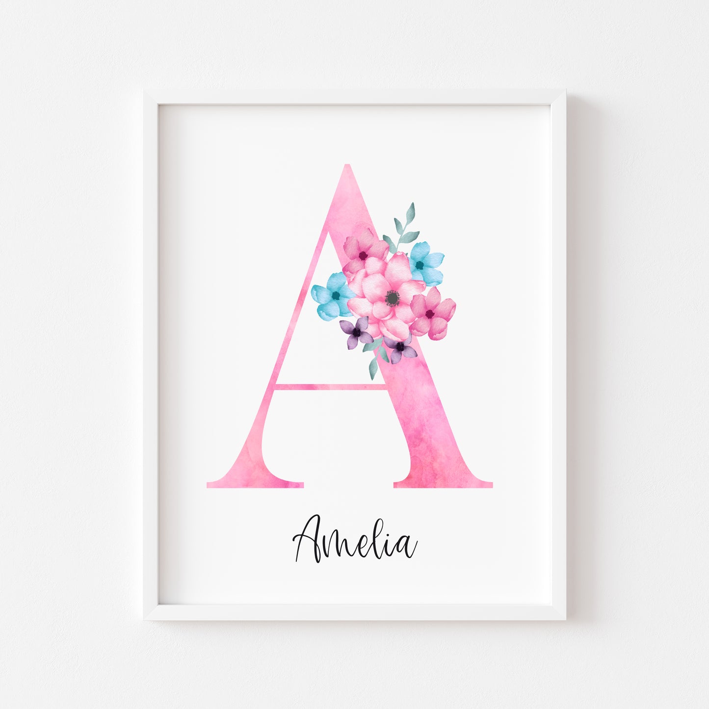 Personalised initial name print, pink & blue watercolour floral initial illustration nursery unframed print