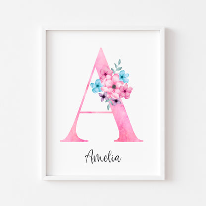 Personalised initial name print, pink & blue watercolour floral initial illustration nursery unframed print