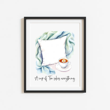 Tea Quote Print green blue Pillow Watercolour unframed wall art poster print