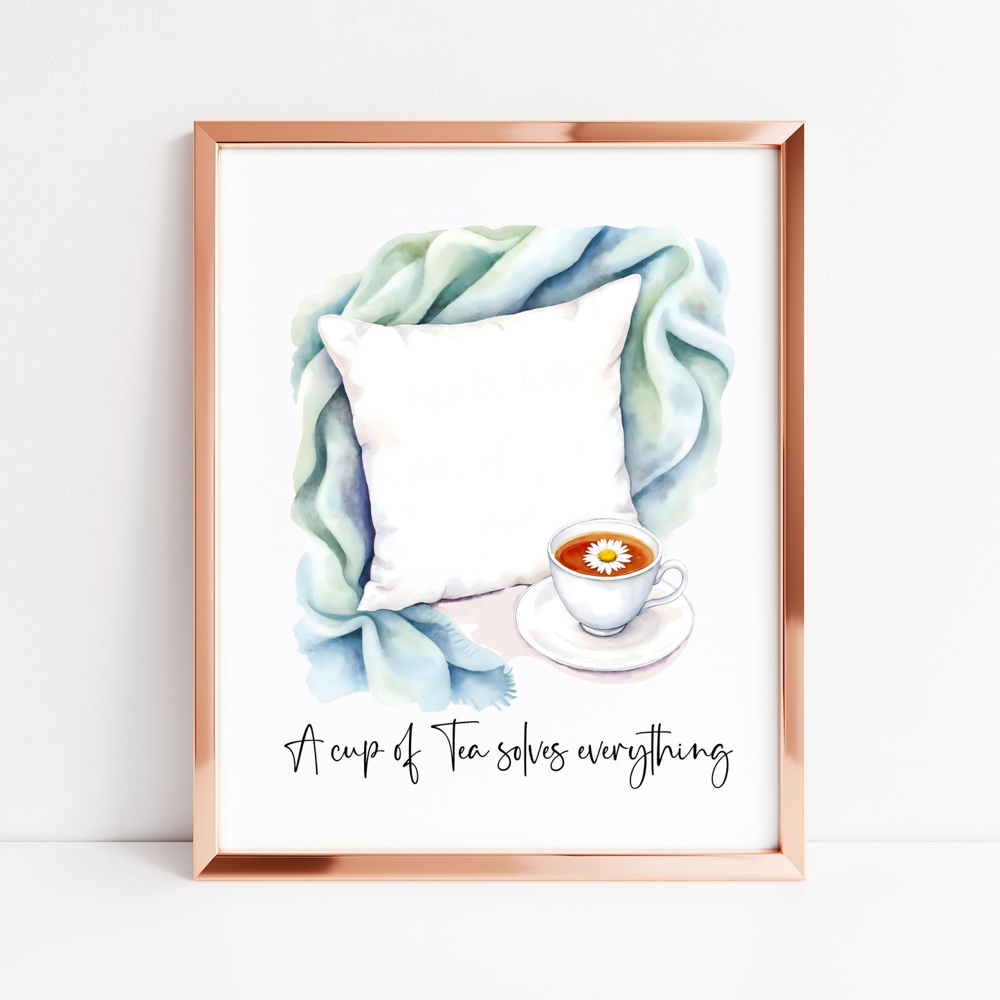 Tea Quote Print green blue Pillow Watercolour unframed wall art poster print