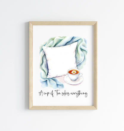 Tea Quote Print green blue Pillow Watercolour unframed wall art poster print