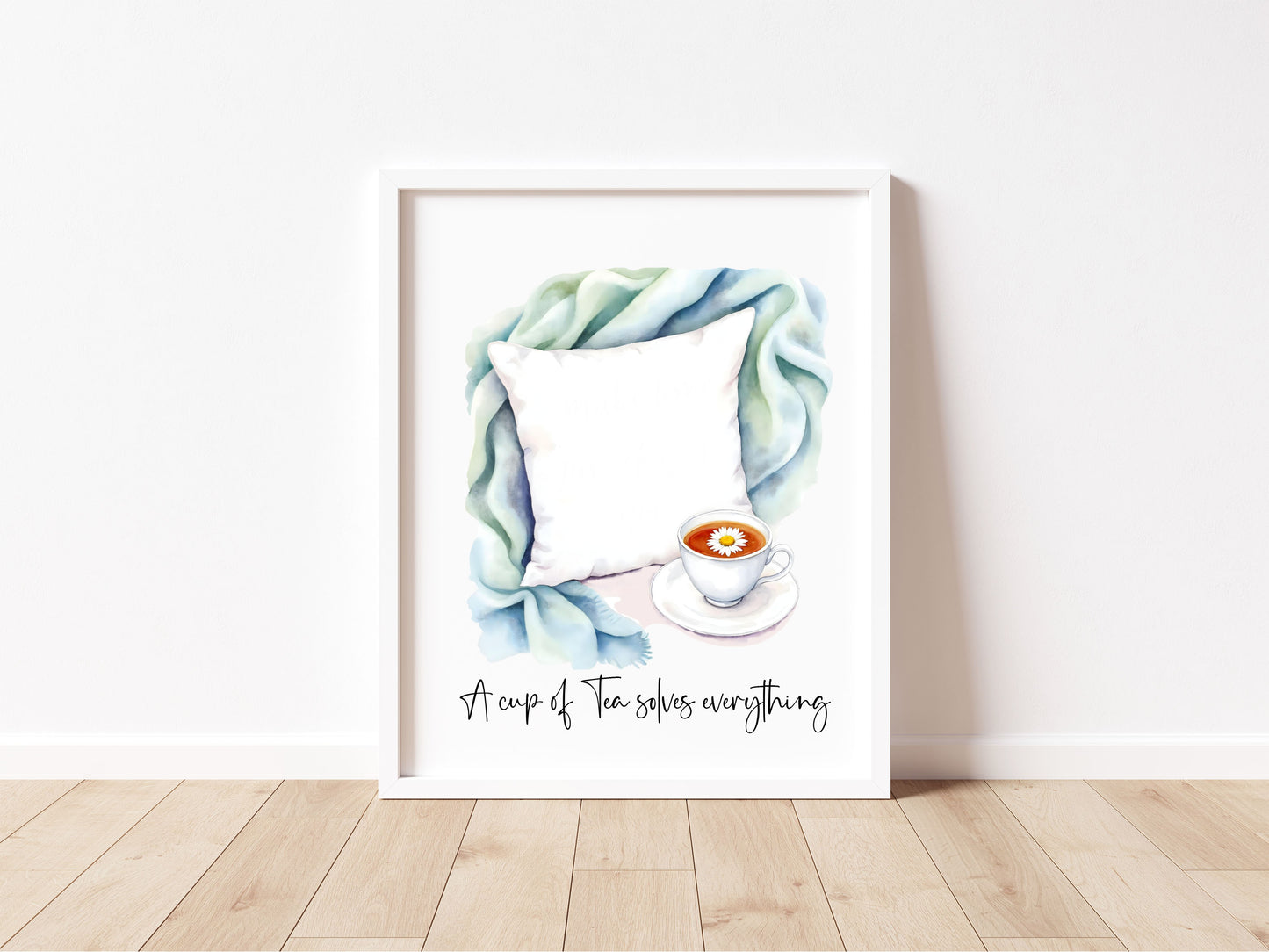 Tea Quote Print green blue Pillow Watercolour unframed wall art poster print