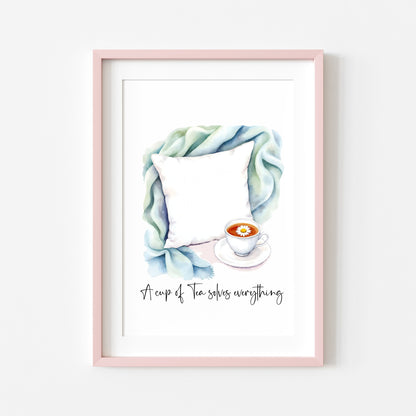 Tea Quote Print green blue Pillow Watercolour unframed wall art poster print