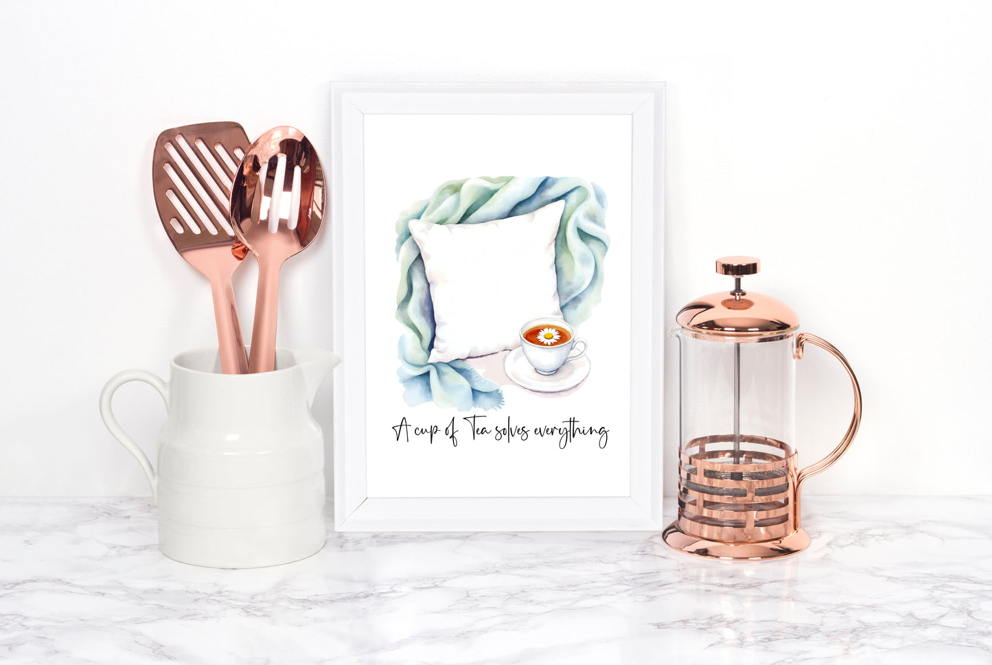 Tea Quote Print green blue Pillow Watercolour unframed wall art poster print