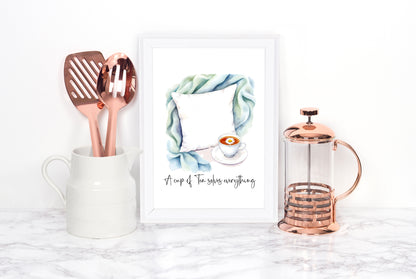 Tea Quote Print green blue Pillow Watercolour unframed wall art poster print