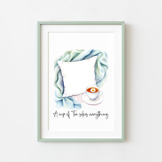 Tea Quote Print green blue Pillow Watercolour unframed wall art poster print