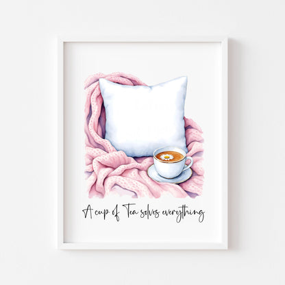 A cup of tea solves everything cuppa tea watercolour pink unframed wall art poster print, home prints, plant decor, plant wall art