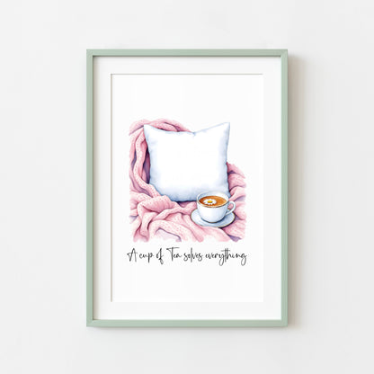 A cup of tea solves everything cuppa tea watercolour pink unframed wall art poster print, home prints, plant decor, plant wall art