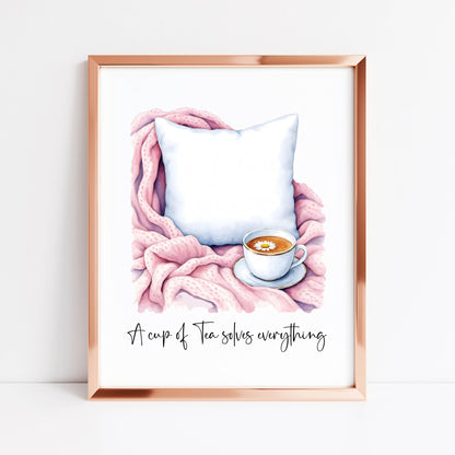 A cup of tea solves everything cuppa tea watercolour pink unframed wall art poster print, home prints, plant decor, plant wall art