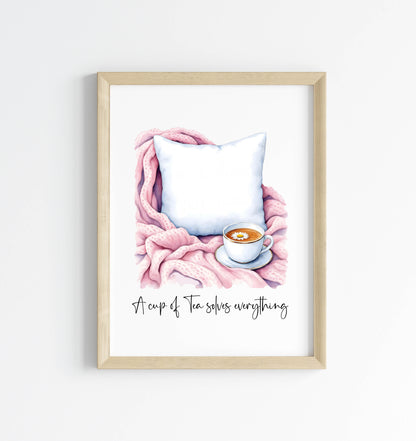 A cup of tea solves everything cuppa tea watercolour pink unframed wall art poster print, home prints, plant decor, plant wall art