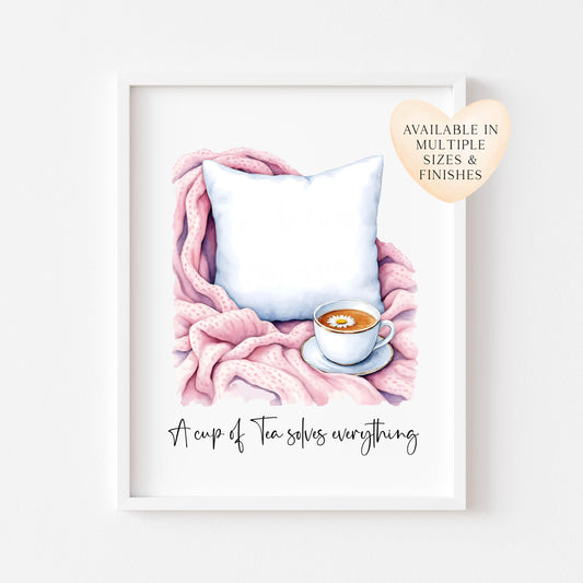 A cup of tea solves everything cuppa tea watercolour pink unframed wall art poster print, home prints, plant decor, plant wall art