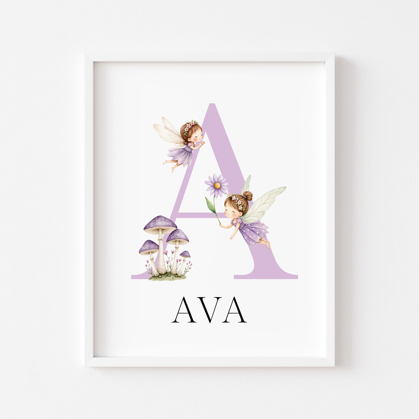 Purple Fairies Initial Print Personalised Nursery wall art Decor (Unframed)