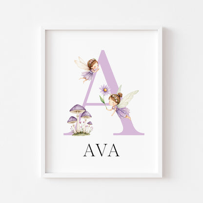 Purple Fairies Initial Print Personalised Nursery wall art Decor (Unframed)