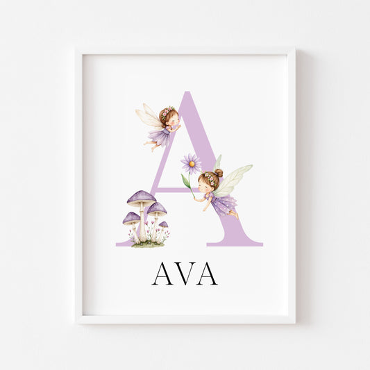 Purple Fairies Initial Print Personalised Nursery wall art Decor (Unframed)