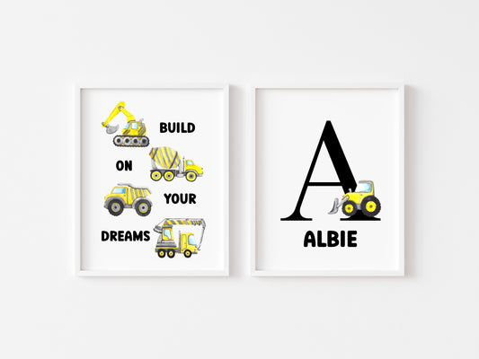 Set of 2, Build on your dreams & personalised initial name truck and digger watercolour bedroomunframed wall art poster prints