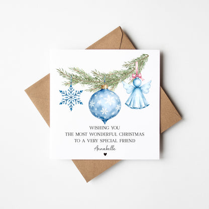 Christmas Card Festive Bauble decorations Blue Snowflake & Angel design personalised with names