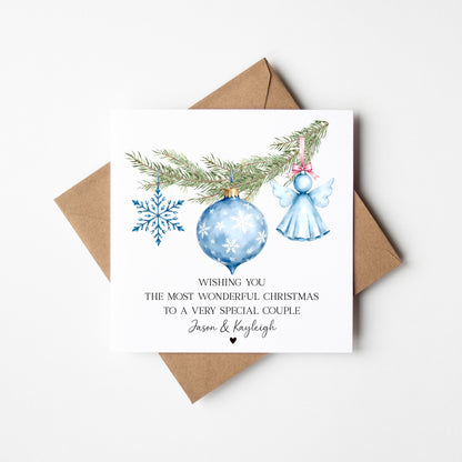 Christmas Card Festive Bauble decorations Blue Snowflake & Angel design personalised with names